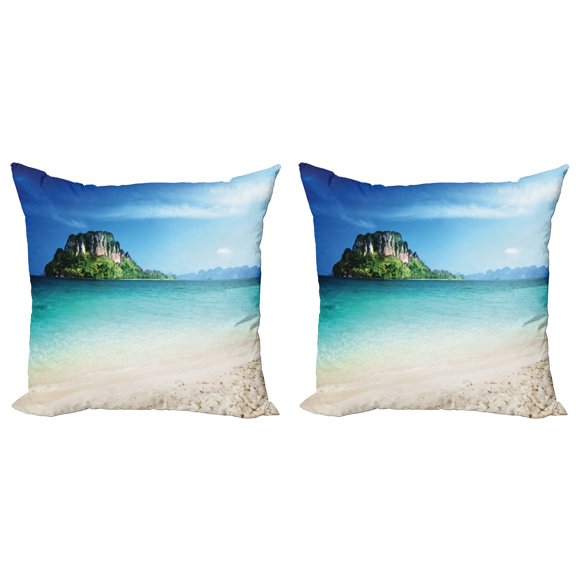 Ambesonne Beach Throw Pillow Cover 2 Pack, Tropic Island Scenery, 20", Blue Cream Green