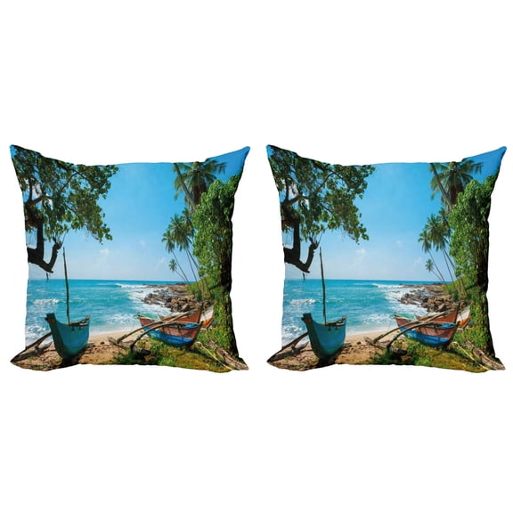 Ambesonne Beach Throw Pillow Cover 2 Pack, Tropical Ocean Scenery, 16", Green and Blue
