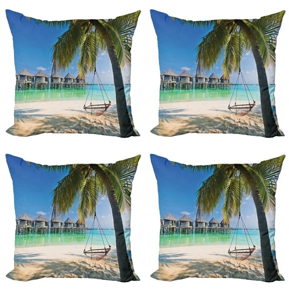 Ambesonne Beach Throw Pillow Cover 4 Pack, Caribbean Tropical Coast, 18", Multicolor