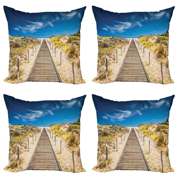 Ambesonne Beach Throw Pillow Cover 4 Pack, Idyllic Tranquil Shore, 16", Cream Blue