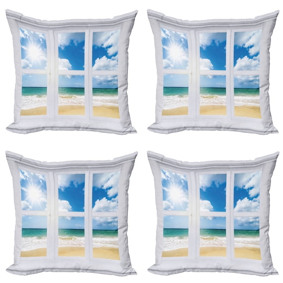 Ambesonne Beach Throw Pillow Cover 4 Pack, Ocean View Vivid Sun, 16", Blue Teal Sand Brown
