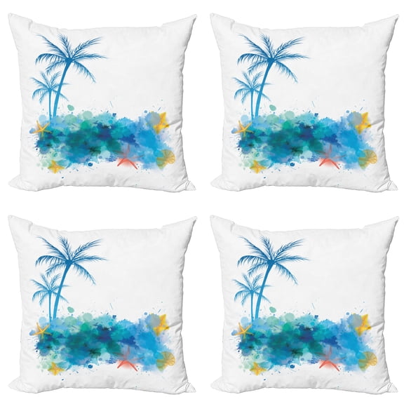 Ambesonne Beach Throw Pillow Cover 4 Pack, Seashells Blue Palm Art, 16", Blue White