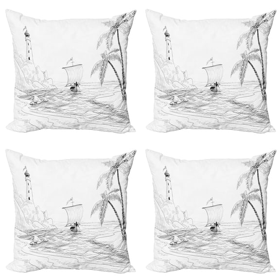 Ambesonne Beach Throw Pillow Cover 4 Pack, Sketch with Boat Palms, 16", Black and White