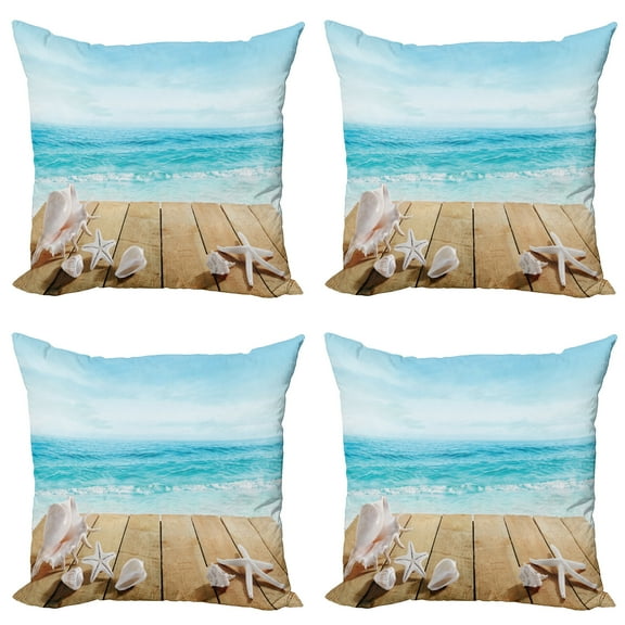 Ambesonne Beach Throw Pillow Cover 4 Pack, Sunshine Maldives Deck, 20", Pale Brown Beige