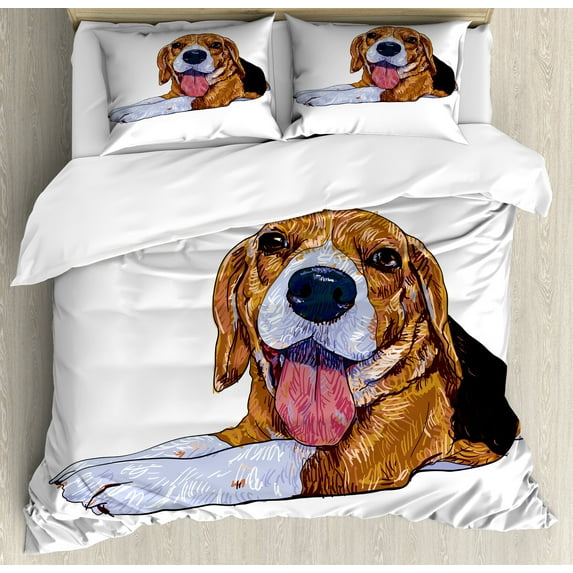 Ambesonne Beagle Duvet Cover Set, Close Up Friendly Dog Tongue, 2-Calking, Sand Brown Charcoal Grey