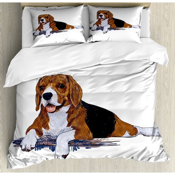 Ambesonne Beagle Duvet Cover Set, Scribble Sketch Dog Animal, 2-Calking, Sand Brown Charcoal Grey