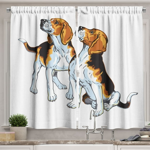 Ambesonne Beagle Kitchen Curtains, Illustration 2 Scent Hound, 55"x45", White Dark Brown