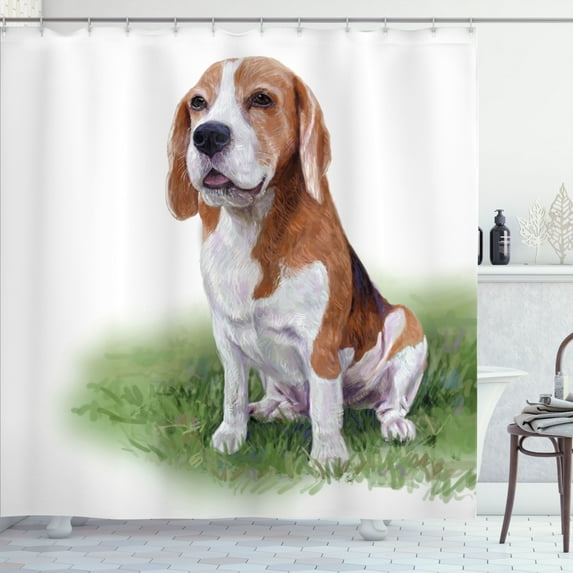Ambesonne Beagle Shower Curtain, Focused in Mind Dog Sketch, 69"Wx84"L, Rosewood Caramel