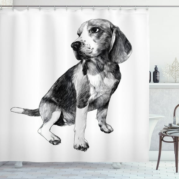 Ambesonne Beagle Shower Curtain, Monochrome Sketch Dog Friend, 69"Wx84"L, Charcoal Grey Pale Taupe