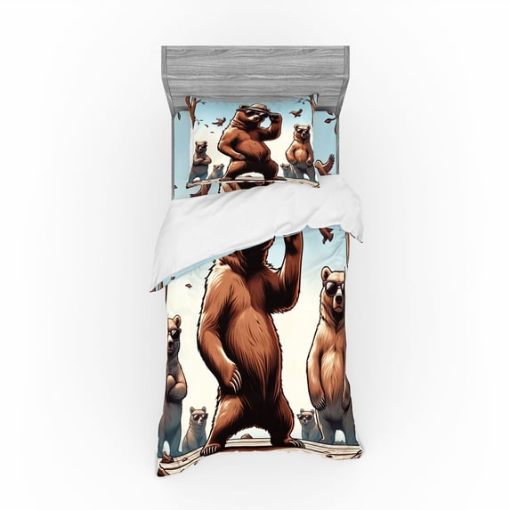 Ambesonne Bear Bedding Set 3 Pcs, Funny Cool Cartoon Animal Gang, Twin, Pale Blue Umber and Chocolate