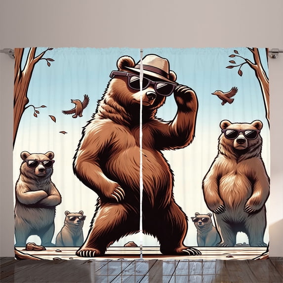 Ambesonne Bear Curtains 2 Panel Set, Funny Cool Cartoon Animal Gang, 108" x 90", Pale Blue Umber and Chocolate