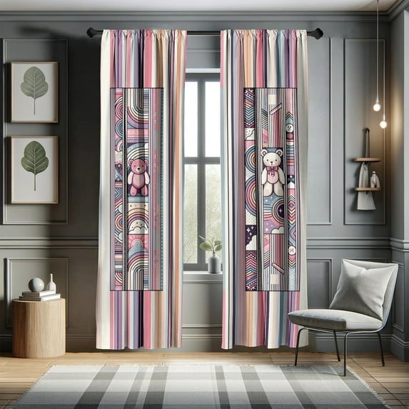 Ambesonne Bear Curtains, Delicate Pastel Road Stripes, Pair of 28"x95", Blush Blue Grey Ginger