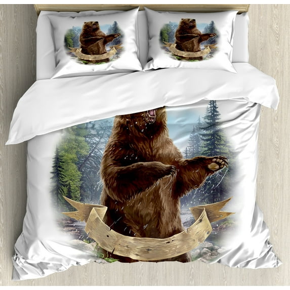 Ambesonne Bear Duvet Cover Set, Angry Carnivore Mammal, King, Brown Green Pale Blue