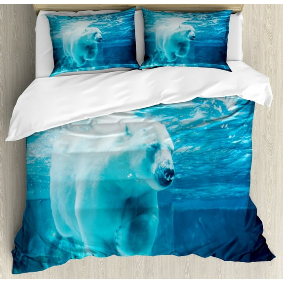 Ambesonne Bear Duvet Cover Set, Arctic Polar Underwater, 2-Calking, Blue Pale Blue