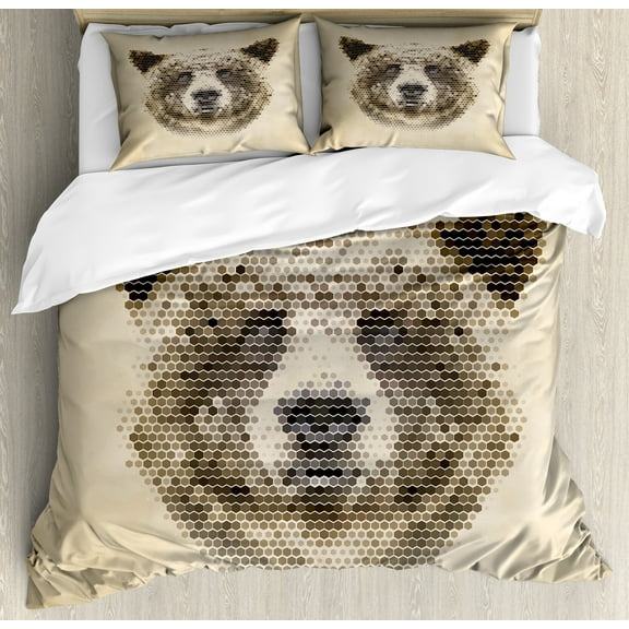Ambesonne Bear Duvet Cover Set, Dotted Animal Head Modern, King, Tan Brown