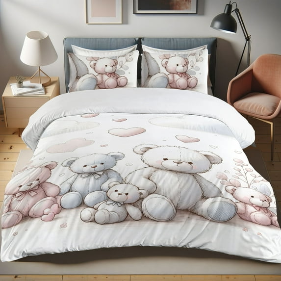 Ambesonne Bear Duvet Cover Set, Pastel Colored Teddies Pattern, King, Soft Blue Blush and Coconut