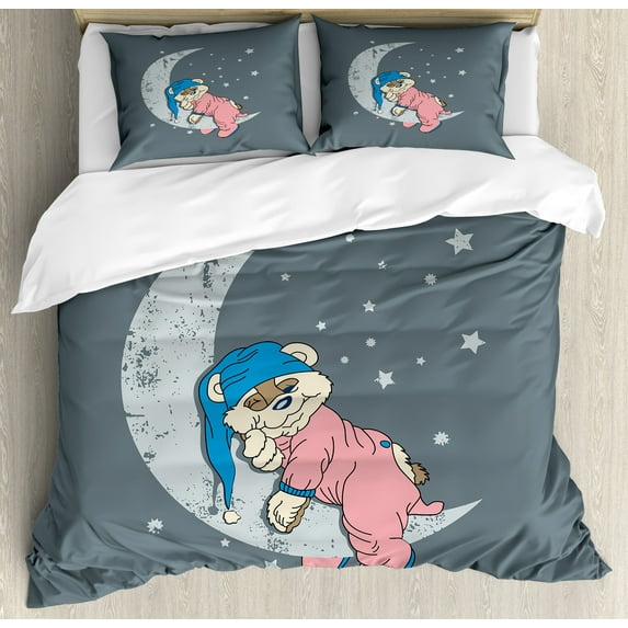 Ambesonne Bear Duvet Cover Set, Sleeping on the Moon, King, Bluegrey Beige Pink