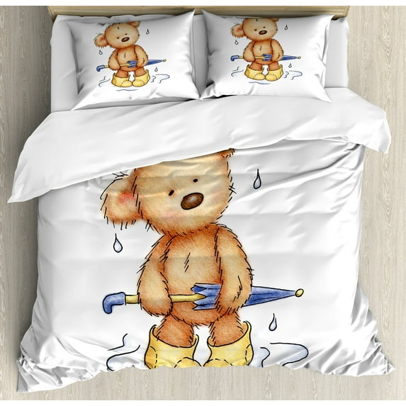Ambesonne Bear Duvet Cover Set, Teddy Bear Rain Umbrella, 2-Calking, Sand Brown Yellow Blue