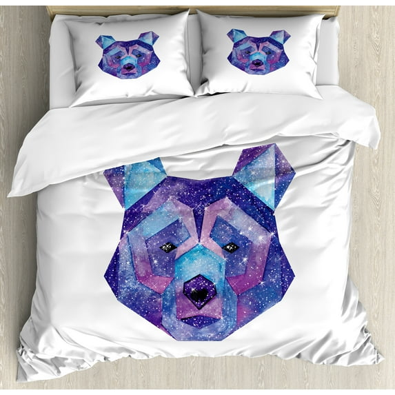 Ambesonne Bear Duvet Cover Sets, Cosmic Polygonal Portrait, 2-King, Blue Magenta