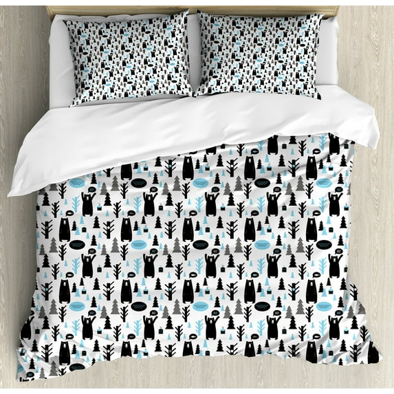 Ambesonne Bear Duvet Cover Sets, Modern Forest Animals Joy, 2-King, Pale Blue Black White