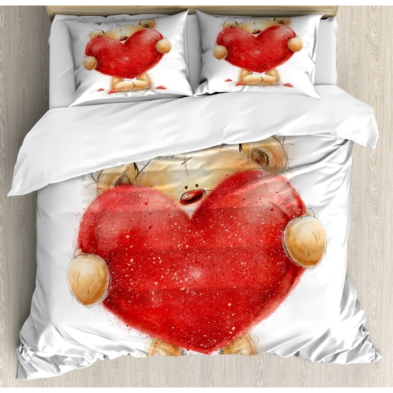 Ambesonne Bear Duvet Cover Sets, Romantic Mascot Red Heart, 2-King, Sand Brown Red