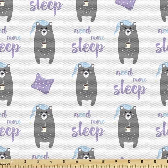 Ambesonne Bear Fabric by the Yard Upholstery, Need More Sleep Art, 5 Yards, Dimgray and Mauve