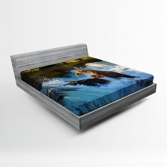 Ambesonne Bear Fitted Sheet, Alaska Waterfall Wildlfie, Full Size, Multicolor