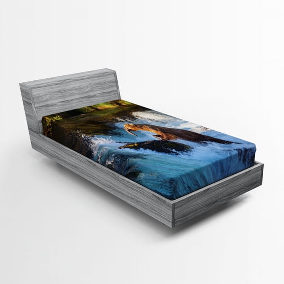 Ambesonne Bear Fitted Sheet, Alaska Waterfall Wildlfie, Twin Size, Multicolor