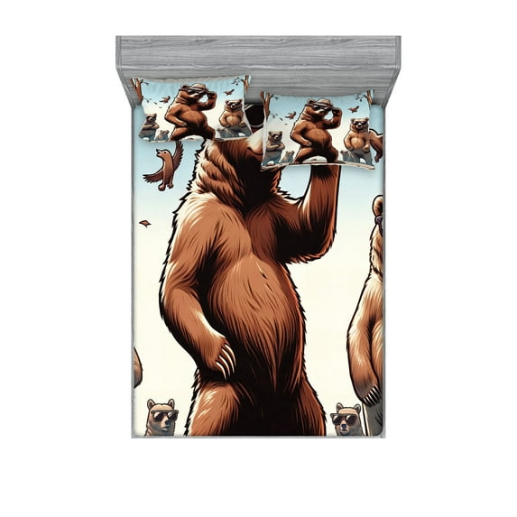 Ambesonne Bear Fitted Sheet & Pillow Sham Set, Funny Cool Cartoon Animal Gang, Calking, Pale Blue Umber and Chocolate