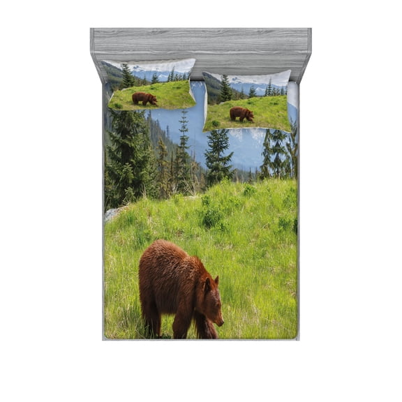 Ambesonne Bear Fitted Sheet & Pillow Sham Set, Fur Animal Nature Habitat, King, Green Brown
