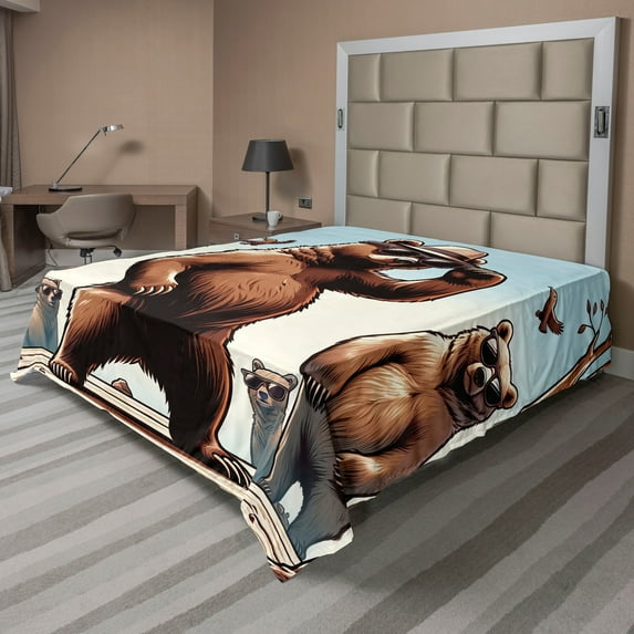Ambesonne Bear Flat Sheet, Funny Cool Cartoon Animal Gang, California King, Pale Blue Umber and Chocolate