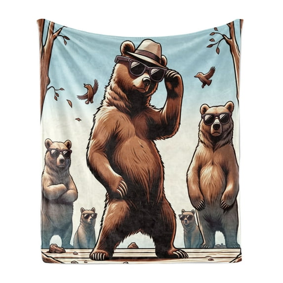 Ambesonne Bear Fleece Throw Blanket Funny Cool Cartoon Animal Gang 50"x60" Pale Blue Umber and Chocolate