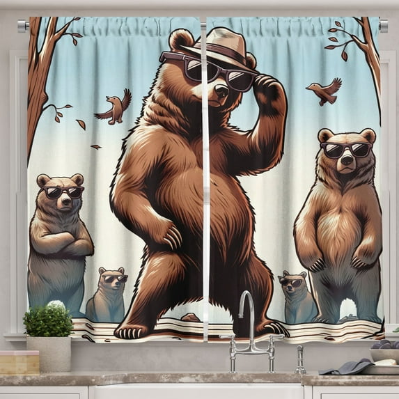 Ambesonne Bear Kitchen Curtains, Funny Cool Cartoon Animal Gang, 55"x39", Pale Blue Umber and Chocolate
