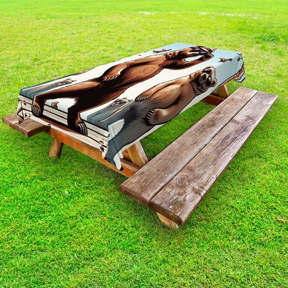 Ambesonne Bear Outdoor Tablecloth, Funny Cool Cartoon Animal Gang, 58"x84", Pale Blue Umber and Chocolate