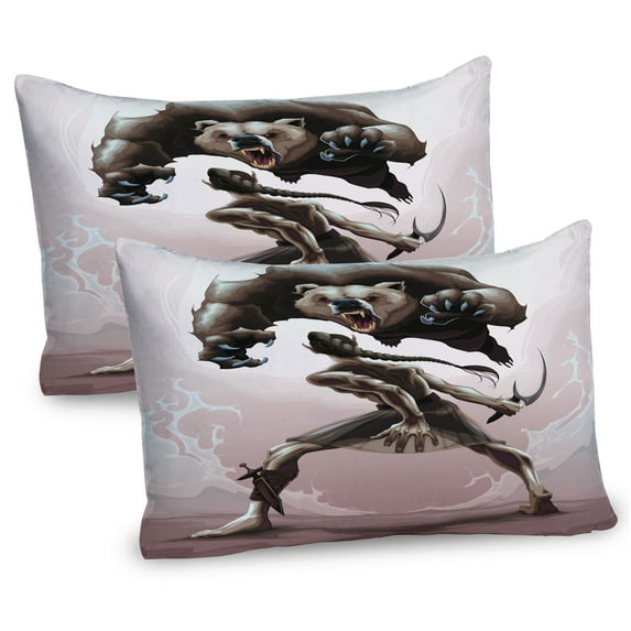Ambesonne Bear Pillow Sham 2 Pack, Mythological Scene Concept, 30"x20", Warm Taupe Dark Brown