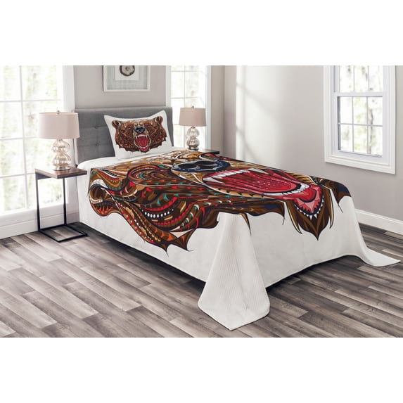 Ambesonne Bear Quilted Bedspread Set 2 Pcs, Head with Patterns, Twin Size, Brown Red Blue