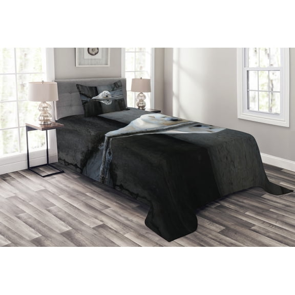 Ambesonne Bear Quilted Bedspread Set 2 Pcs, Sleeping Calm Zoo Animal, Twin Size, Cream Grey Black