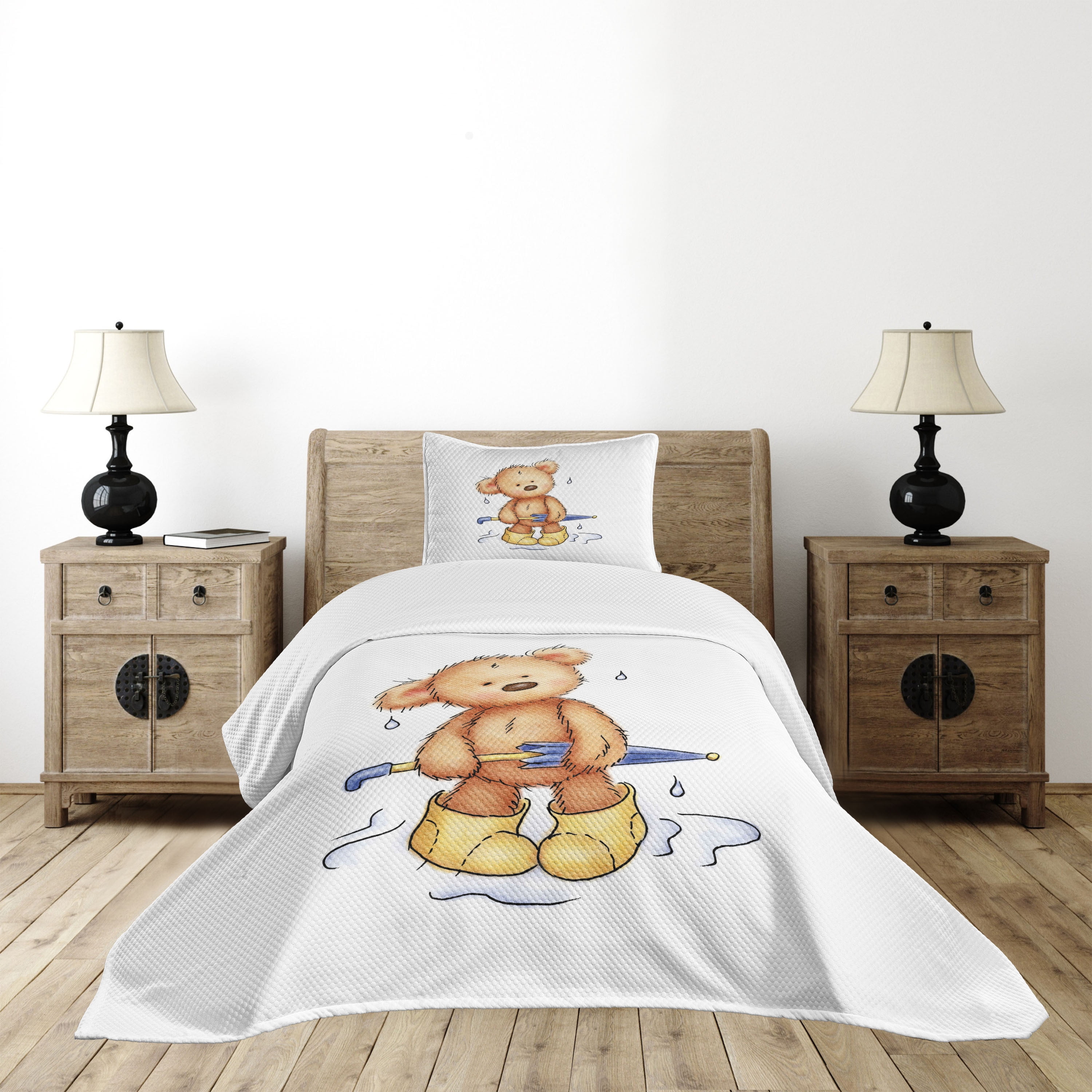 White Twin Quilted Bedspread Set with Teddy Bear Design