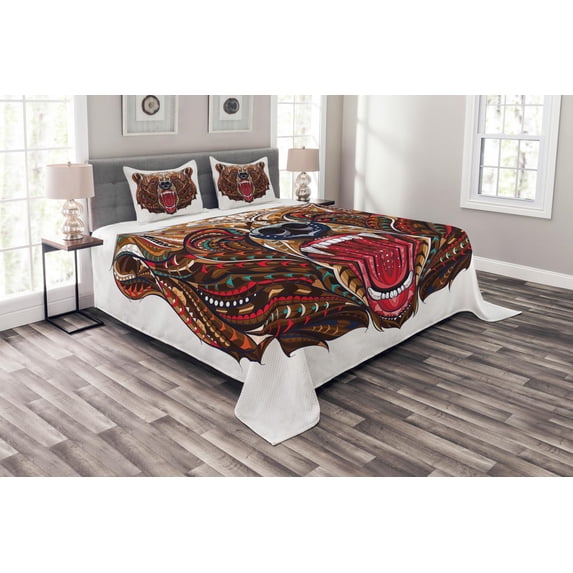 Ambesonne Bear Quilted Bedspread Set 3 Pcs, Head with Patterns, King Size, Brown Red Blue