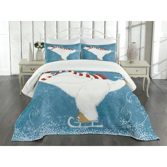 Ambesonne Bear Quilted Bedspread Set 3 Pcs, Ice Skating Polar Bear, King Size, Blue White