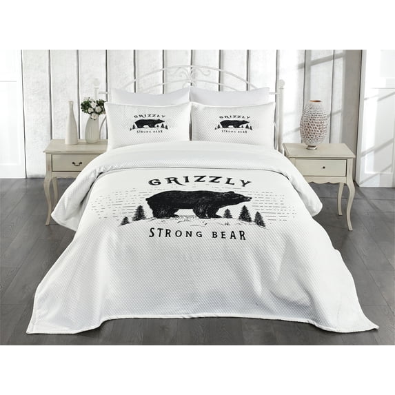 Ambesonne Bear Quilted Bedspread Set 3 Pcs, Strong Wild Animal Forest, King Size, Black White