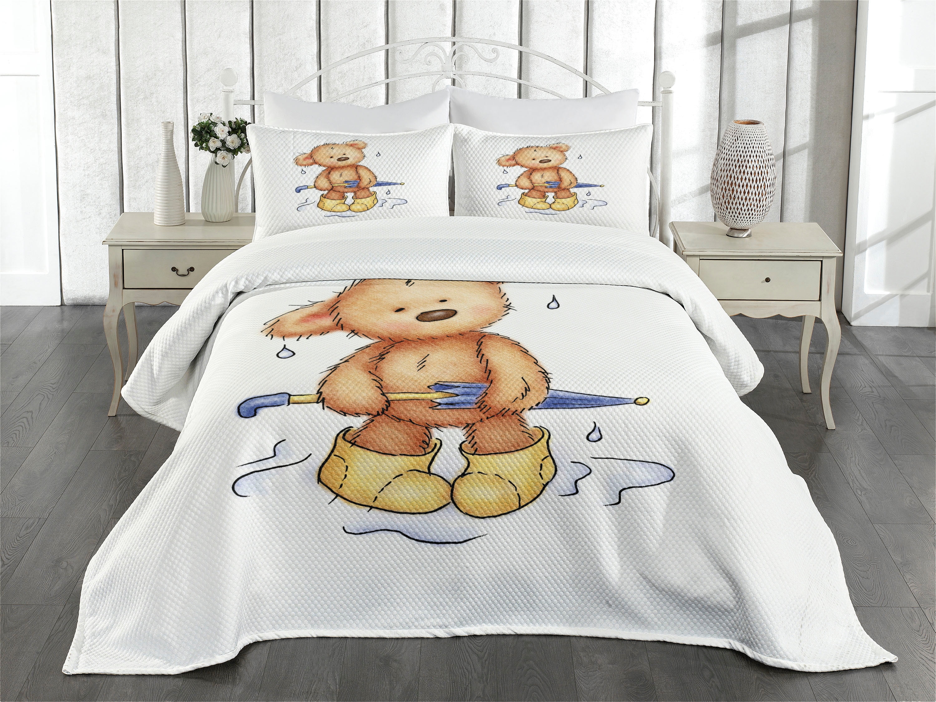 Ambesonne Ambesonne Bear Bedspread Set Teddy Bear Rain Umbrella Sand Brown Yellow Blue
