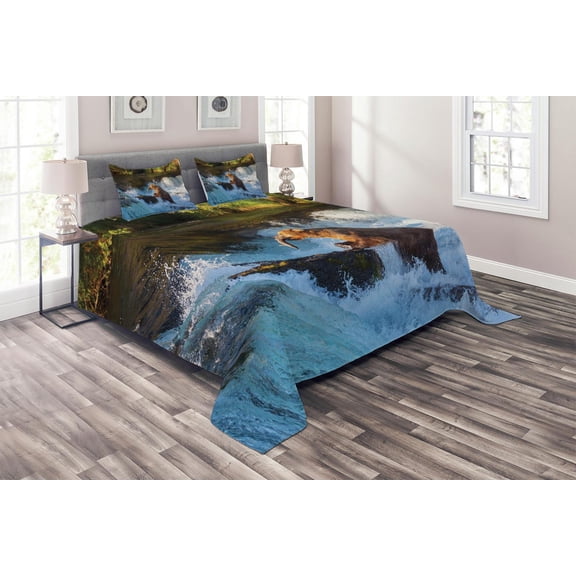 Ambesonne Bear Quilted Coverlet 3 Pcs, Alaska Waterfall Wildlfie, Queen Size, Multicolor