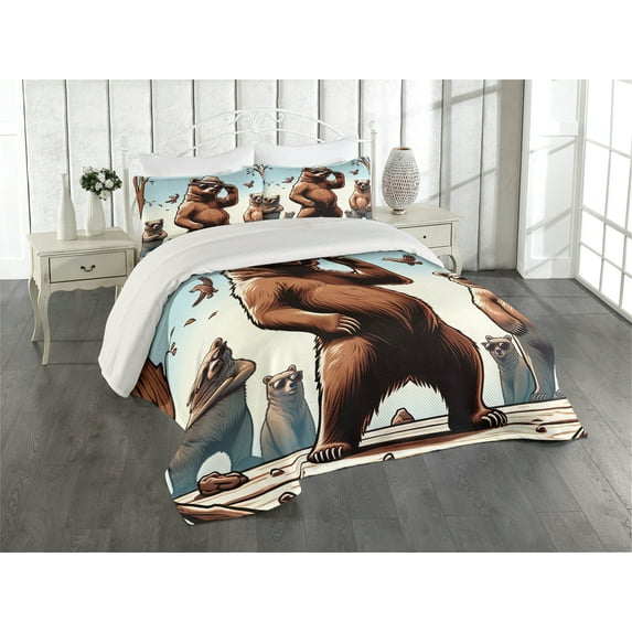 Ambesonne Bear Quilted Coverlet 3 Pcs, Funny Cool Cartoon Animal Gang, King Size, Pale Blue Umber and Chocolate