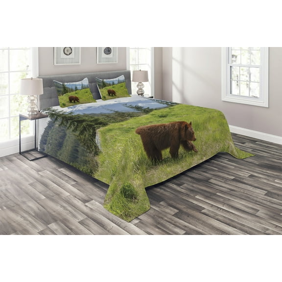 Ambesonne Bear Quilted Coverlet 3 Pcs, Fur Animal Nature Habitat, King Size, Green Brown