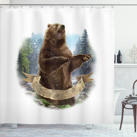 Ambesonne Bear Shower Curtain, Angry Carnivore Mammal, 69"Wx75"L, Brown Green Pale Blue