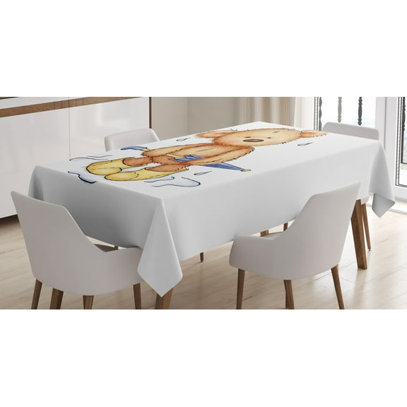 Ambesonne Bear Tablecloth Rectangular Table Cover, Teddy Bear Rain Umbrella, 60"x84", Sand Brown Yellow Blue
