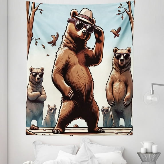 Ambesonne Bear Tapestry Twin Size, Funny Cool Cartoon Animal Gang, 68"x88", Pale Blue Umber and Chocolate