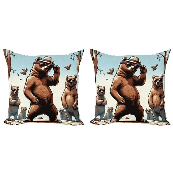 Ambesonne Bear Throw Pillow Cover 2 Pack, Funny Cool Cartoon Animal Gang, 18", Pale Blue Umber and Chocolate