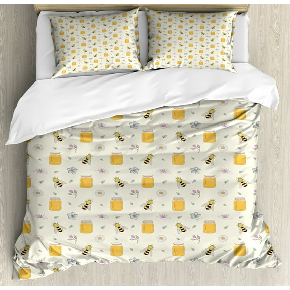 Ambesonne Bee Duvet Cover Sets, Honey Jars Animals and Flowers, 2-King, Eggshell and Multicolor